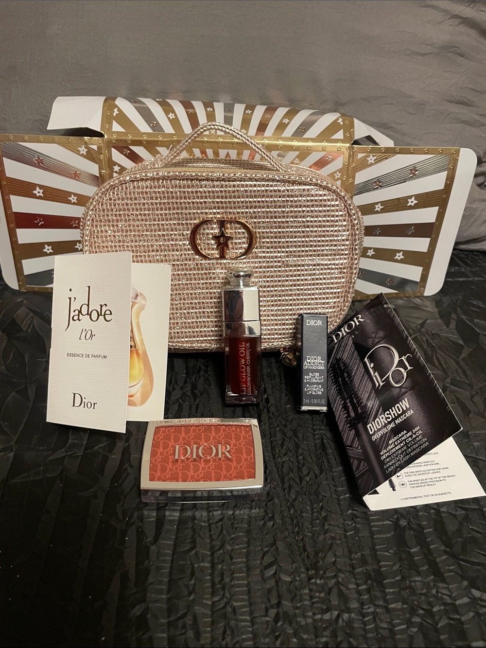 Dior Pink Gold Glitter Cosmetic Pouch with Mini Makeup Set